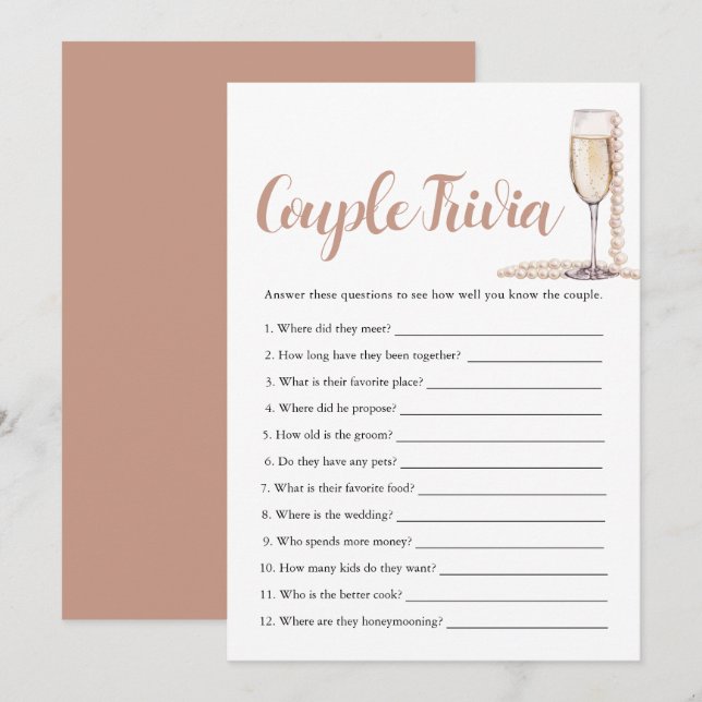 Rosa pärlor & Prosecco Par Trivia Bröllopsspel  Inbjudningar (Fram/baksida)