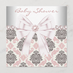 Rosa pärlor Rosa Brun Damask Bebis Flick Shower Inbjudningar