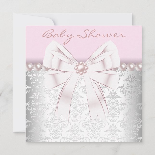 Rosa pärlor Rosa damast Baby Shower Inbjudningar (Framsida)