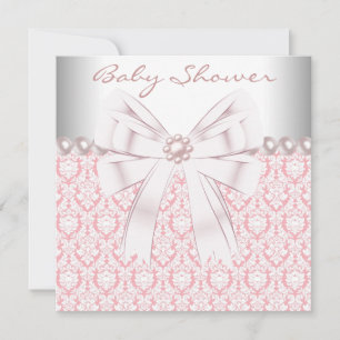 Rosa pärlor Rosa damast Babyflicka Shower Inbjudningar