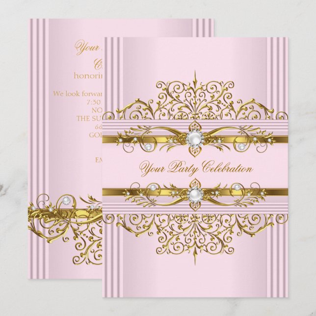 Rosa pärlor vit guld elegant födelsedagsfest inbjudningar (Fram/baksida)
