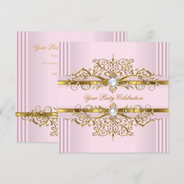 Rosa pärlor vit guld elegant födelsedagsfest inbjudningar (Fram/baksida)