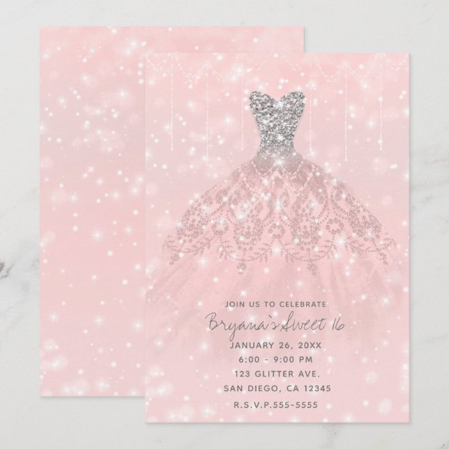 Rosa Päron Silver Glitter Glittrig Klänning Sweet  Inbjudningar (Fram/baksida)