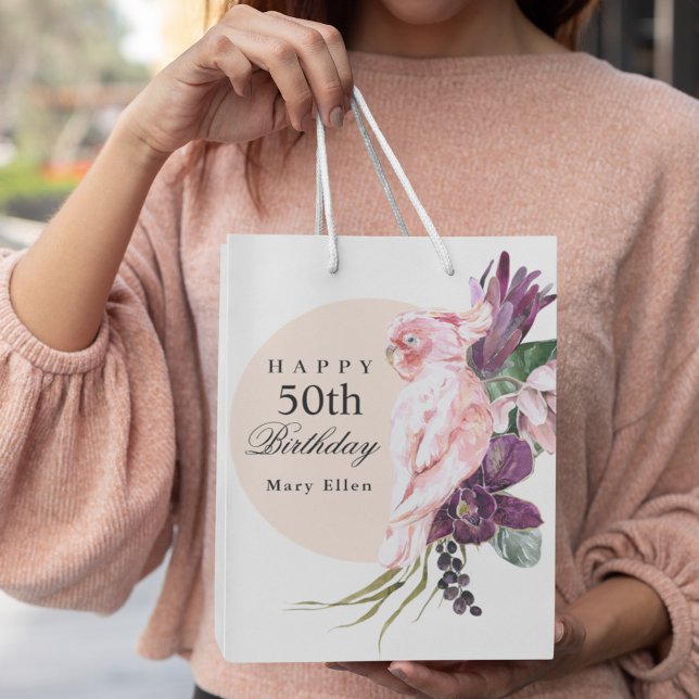 Rosa Parrot Boho Tropical 50:e Födelsedagsfesten (Create a cute custom gift bag to celebrate a milestone birthday. She'll love it!)