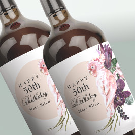Rosa Parrot Boho Tropical 50:e Födelsedagsfesten Vinflaska Etikett