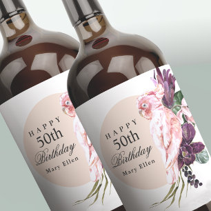 Rosa Parrot Boho Tropical 50:e Födelsedagsfesten Vinflaska Etikett