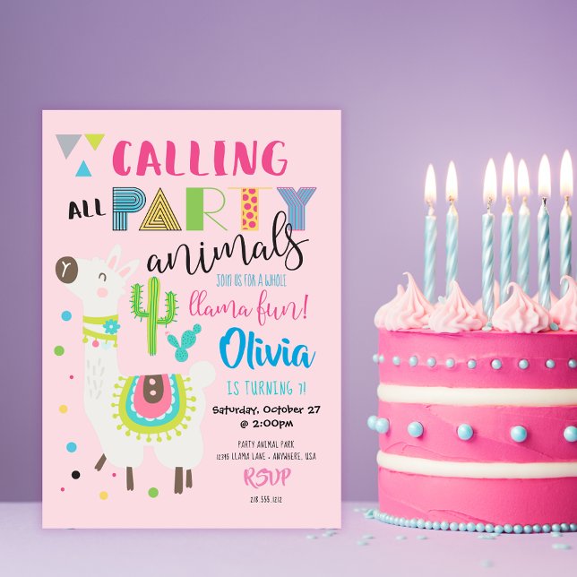 Rosa Party Animal Cute Llama Birthday Call Inbjudningar (Skapare uppladdad)