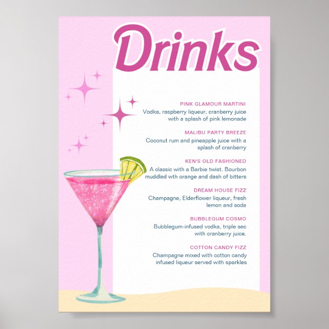 Rosa Party Bachelorette Cocktail Menu Poster (Framsidan)