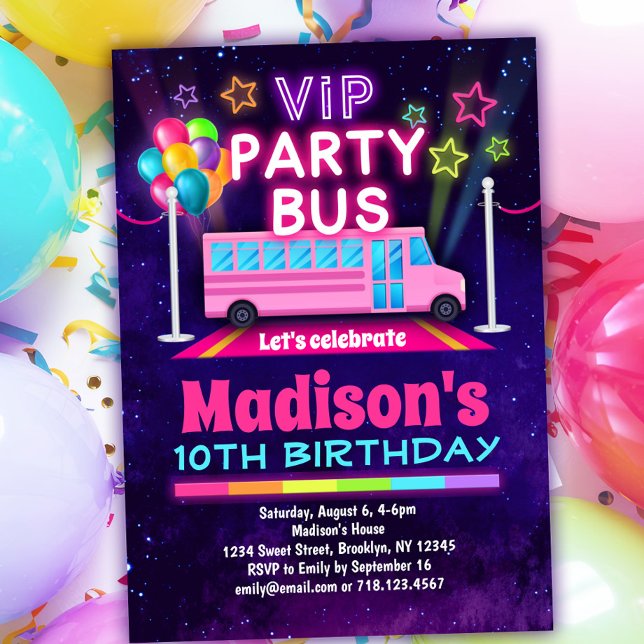 Rosa Party Buss VIP-inbjudan på födelsedagen Inbjudningar (Skapare uppladdad)