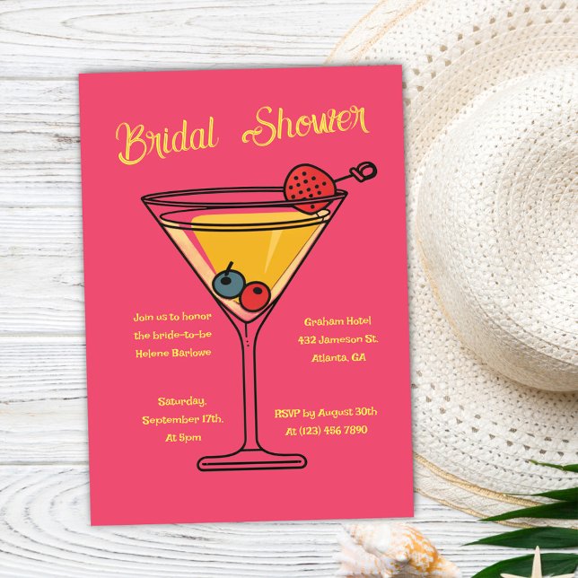 Rosa Party Cocktail Martini Funny Möhippa Inbjudningar (Pink Party Cocktail Martini Funny Bridal Shower Invitation)