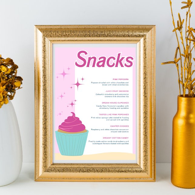 Rosa Party Cuptårta Sweet Snacks Menu Poster (Pink Cupcake Sweet Snacks Menu for Pink Themed Birthday Parties and Bachelorettes)