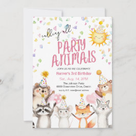 Rosa Party-djur i Party Hats-födelsedag Inbjudningar