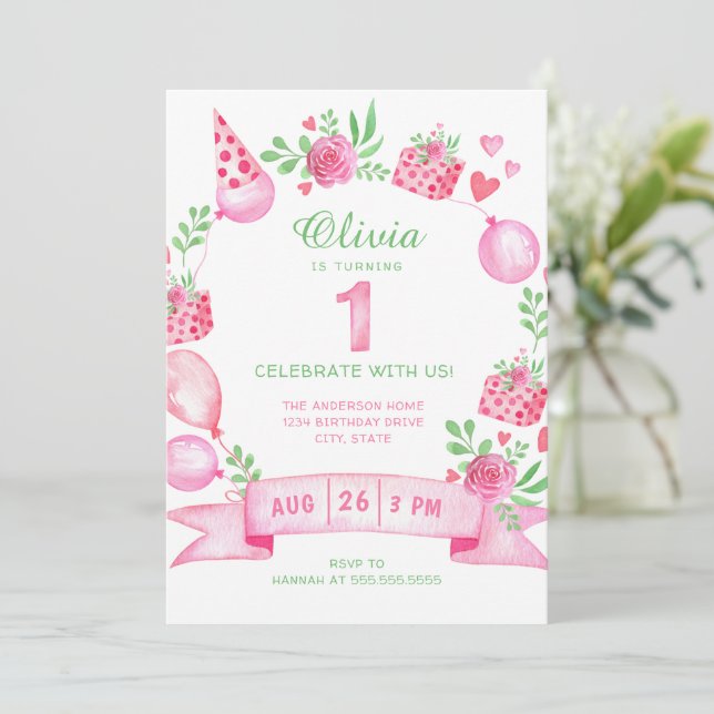 Rosa Party Flickans första födelsedagsinbjudan Inbjudningar (Stående Fram)