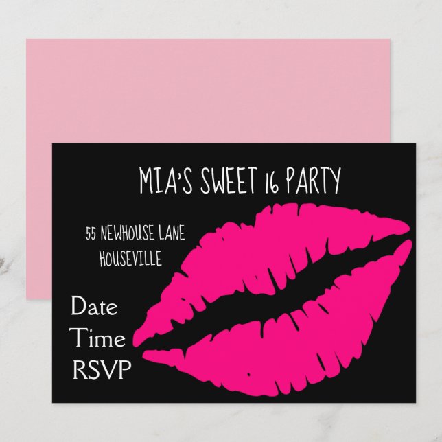 Rosa party för läppstiftsminksweet sixteen inbjudningar (Fram/baksida)
