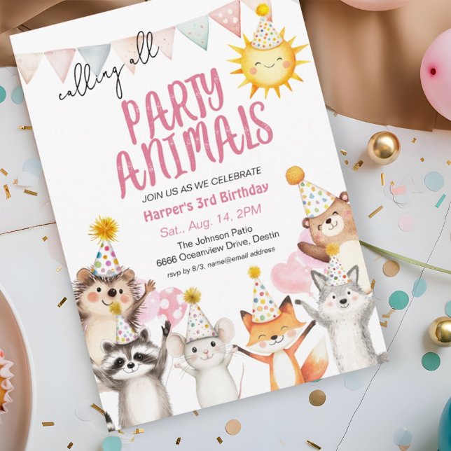 Rosa Party Forest Animals i Party Hats Birthday Inbjudningar (Skapare uppladdad)