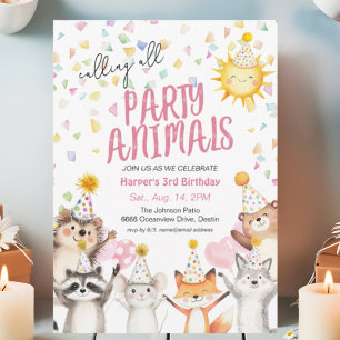 Rosa Party Forest Animals i Party Hats Birthday Inbjudningar