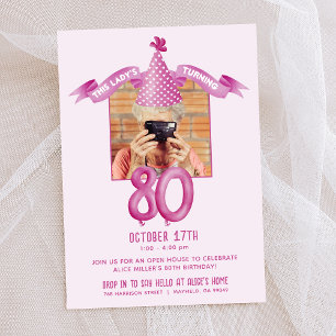 Rosa Party Hat 80:e födelsedag Open House Photo Inbjudningar