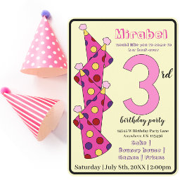 Rosa Party Hats 3:e födelsedag Party Kids Inbjudningar