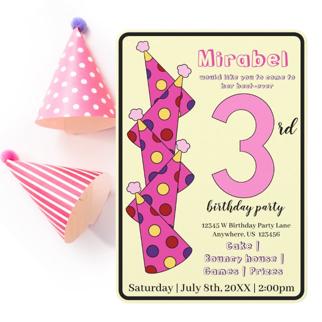 Rosa Party Hats 3:e födelsedag Party Kids Inbjudningar (Skapare uppladdad)