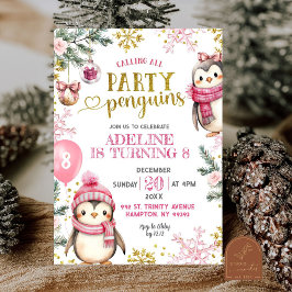 Rosa Party Penguins Winter Birthday-inbjudan Inbjudningar