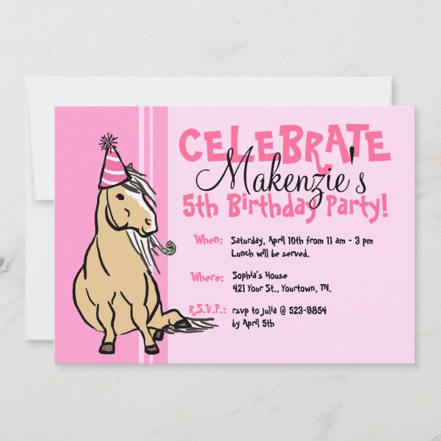 Rosa Party Pony Girls Birthday Inbjudningar (Framsida)