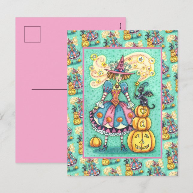 ROSA PARTY WITCH IS HALLOWEEN MAGIC, BLACK CAT HELG VYKORT (Fram/baksida)