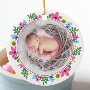 Rosa Påsk Flower Ring Baby Photo Namn Egg Chick Julgransprydnad Keramik