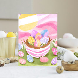 Rosa Påskägg Basket | Pastel Watercolor Helg Vykort