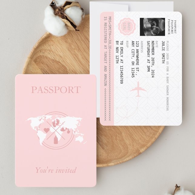 Rosa Passport Travel Girl Baby Shower World Map in Inbjudningar (Skapare uppladdad)