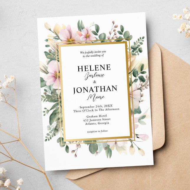  Rosa Pastel Blommigt Garden Elegant bröllop Inbjudningar (Blush Pink Pastel Floral Garden Elegant Wedding Invitation)