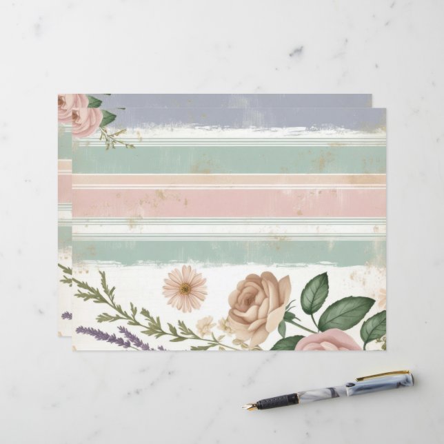 Rosa Pastel Blommigt Stripe Scrapbook Pappra Craft (Fram/Back In Situ)