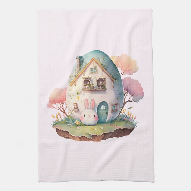 Rosa Pastel Bunny & Egg House Cute Kökshandduk (Vertikal)