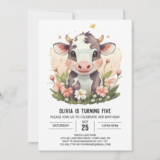 Rosa Pastel Cow Birthday Inbjudningar (Framsida)