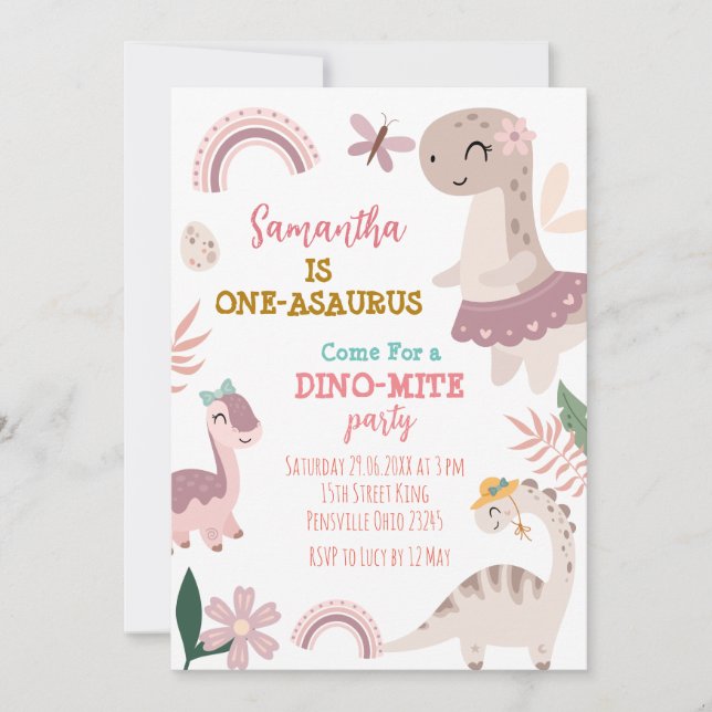 Rosa Pastel Cute Dino Första Födelsedagsfesten Inbjudningar (Framsida)