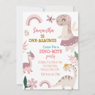 Rosa Pastel Cute Dino Första Födelsedagsfesten Inbjudningar