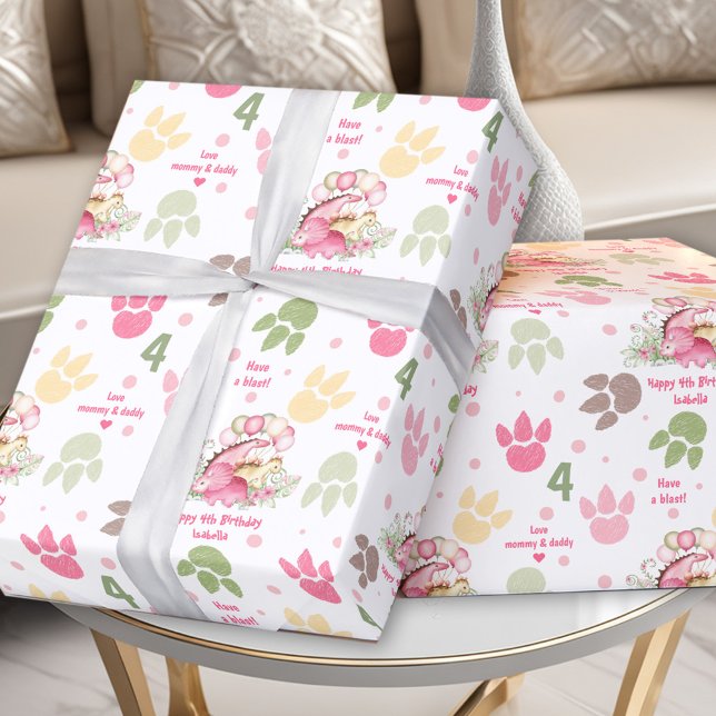 Rosa Pastel Cute Girl Birthday Namn Presentpapper (Dinosaur Pink Pastel Cute Girl Birthday Name Text Wrapping Paper)