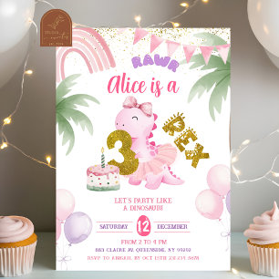 Rosa Pastel Dinosaur 3-rex Rawr-födelsedagsinbjuda Inbjudningar