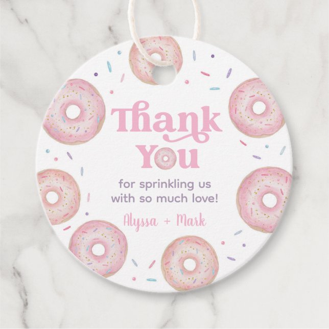 Rosa Pastel Donut Baby Sprinkle Tack Gåvor Etiketter (Framsida)