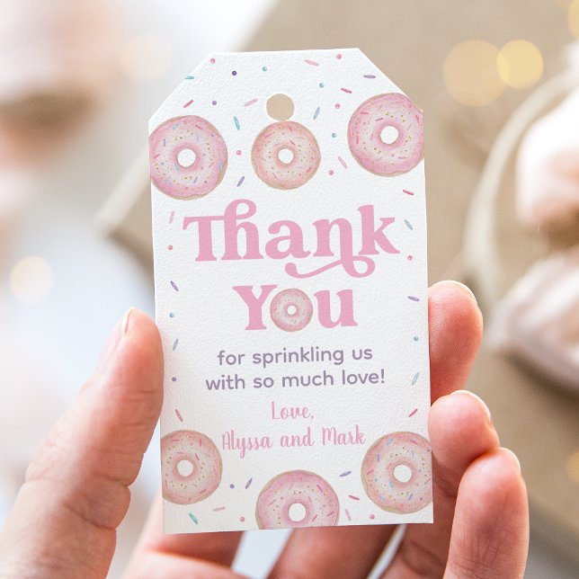 Rosa Pastel Donut Baby Sprinkle Tack Presentetikett (Skapare uppladdad)