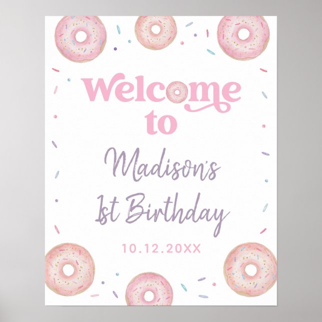Rosa Pastel Donut Sweet 1 Birthday Välkommen Poster (Framsidan)