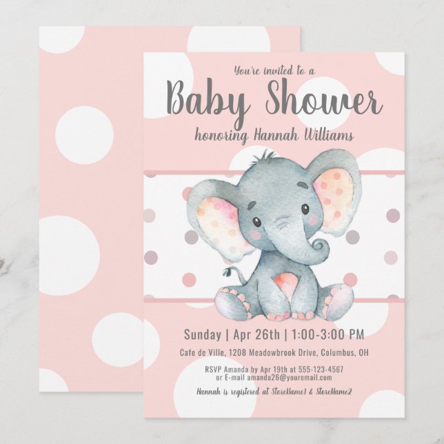 Rosa Pastel Dots Cute Elephant Baby Shower Inbjudningar (Fram/baksida)