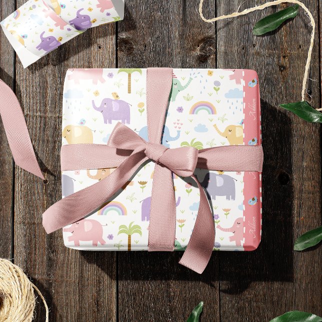 Rosa Pastel Elephant Mönster for Little Girl Party Presentpapper (Skapare uppladdad)