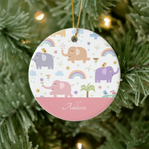 Rosa Pastel Elephant Mönster Little Girl jul jul Julgransprydnad Keramik