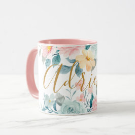 Rosa Pastel Flowers Watercolor Blommigt Add Namn Mugg