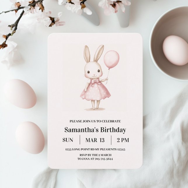 Rosa Pastel Girl Bunny Påsk Barns födelsedag Inbjudningar (Skapare uppladdad)