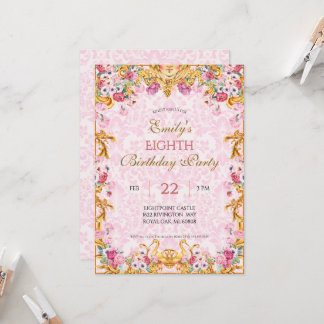 Rosa Pastel Guld Eighth Baroque Rococo Birthday Inbjudningar