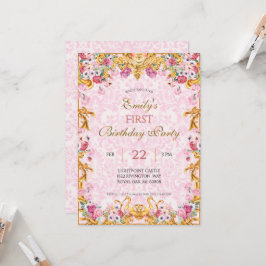 Rosa Pastel Guld First Baroque Rococo Birthday Inbjudningar