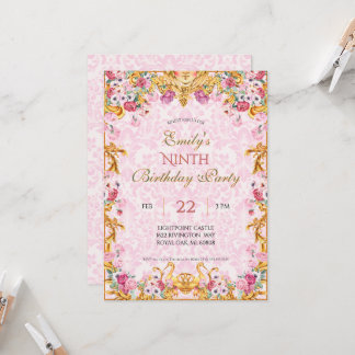 Rosa Pastel Guld Ninth Baroque Rococo Birthday Inbjudningar