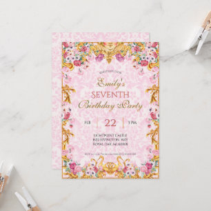 Rosa Pastel Guld sjunde Baroque Rococo Birthday Inbjudningar