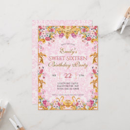 Rosa Pastel Guld Sweet sixteen Rococo Birthday Inbjudningar